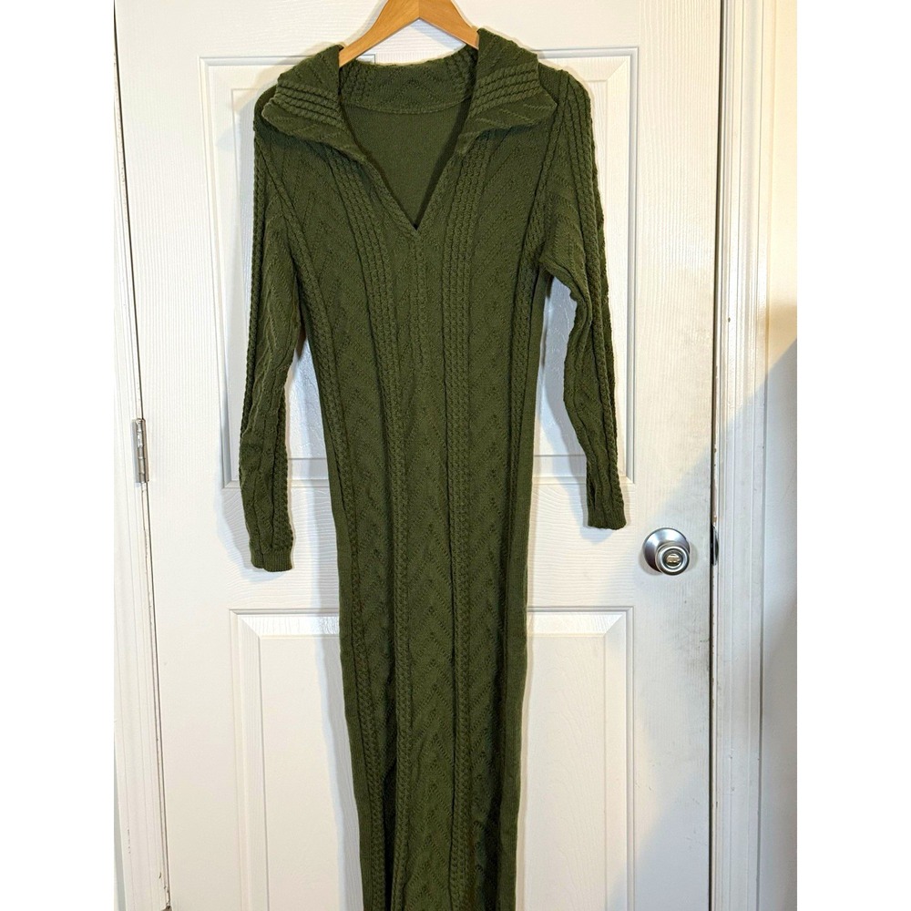 Green Cable Knit V-Neck Preppy Maxi Sweater Dress Women's Size S-L Fall